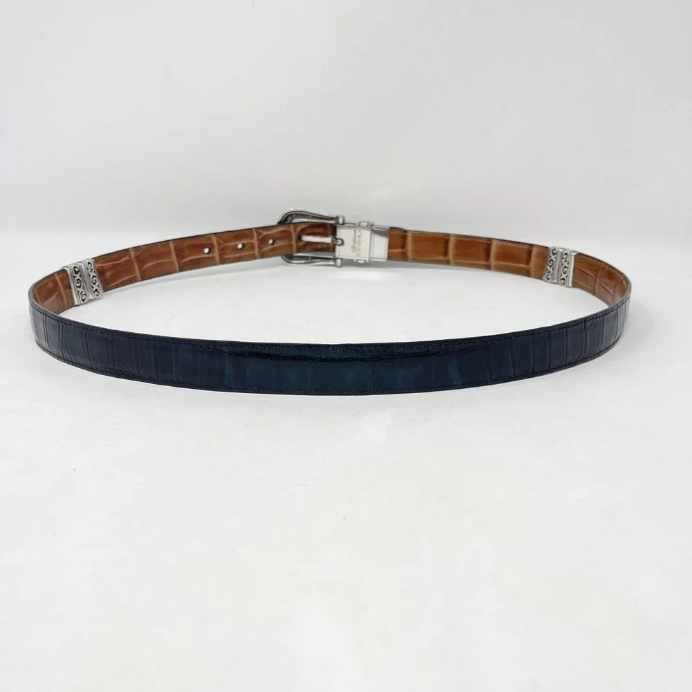 Brighton Reversible Leather Belt Wms 36 Navy Blue Brown Croc Embossed Silver